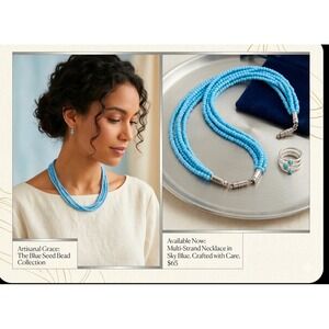 Artisanal Grace Multi-Strand Seed Bead Necklace Sky Blue Layered Statement Clasp
